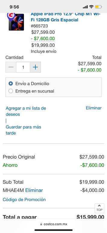 COSTCO + TDC COSTCO CITIBANAMEX: Apple iPad Pro 12.9 Chip M1 Wi-Fi 128GB Gris Espacial