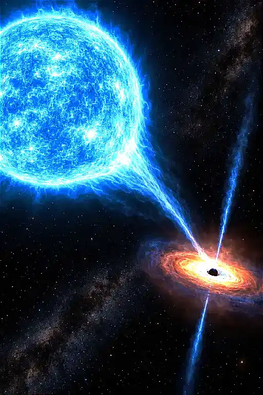 Ilustraci�n art�stica del sistema Cygnus X-1: la supergigante azul HDE 226868 y su compa�ero agujero negro con disco de acreci�n y chorro