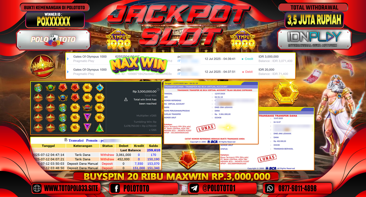 POLOTOTO JACKPOT SLOT GATES OF OLYMPUS 1000 Rp.3.513.000,-