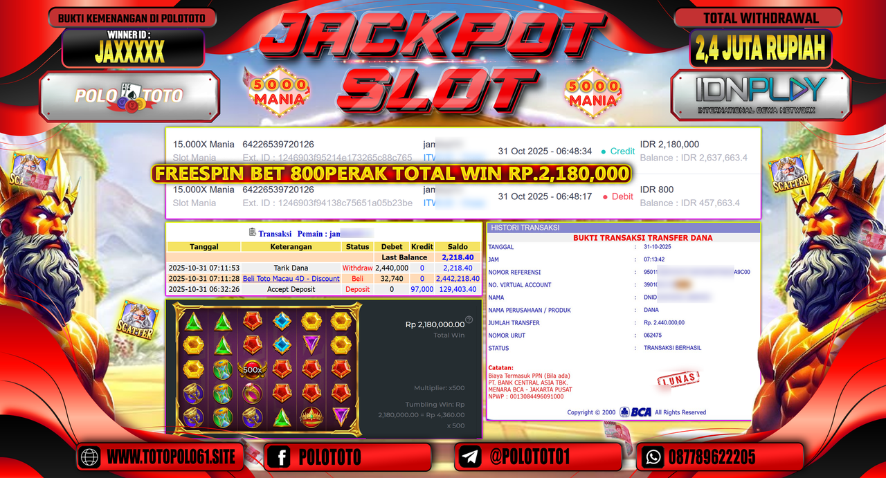 POLOTOTO JACKPOT SLOT 15.000 MANIA Rp.2.400.000,- LUNAS