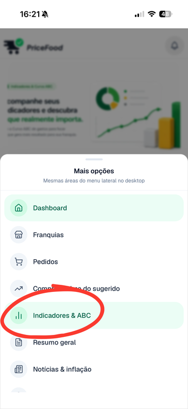 Acessar Indicadores e ABC pelo menu Mais