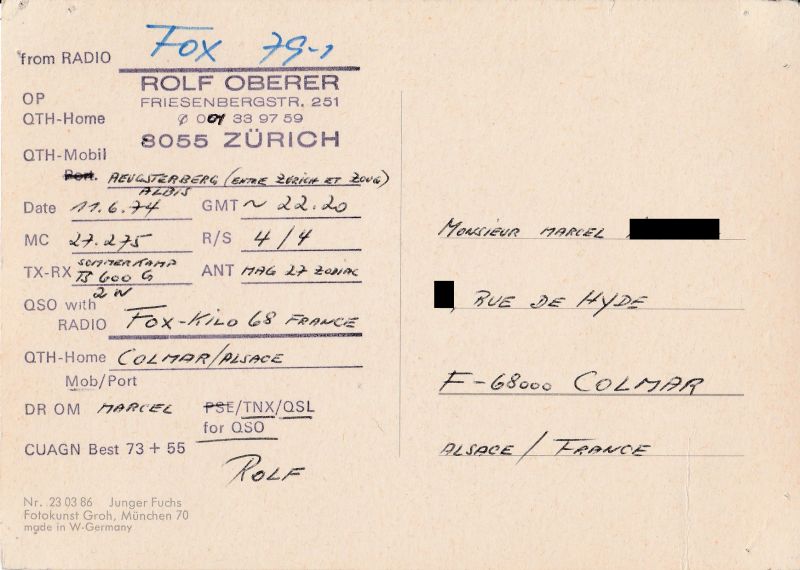 QSLs 27 Mhz de stations Suisses. QSL-FOX79-CH-06-74-verso