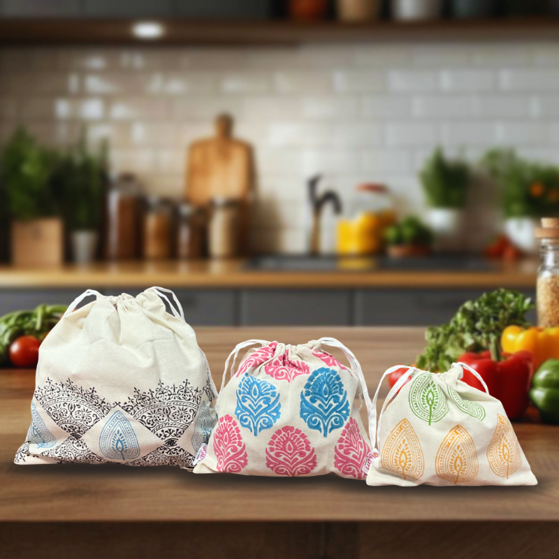 Reusable Hand Block Printed Fridge Bags (Set of 3) Pattern -10