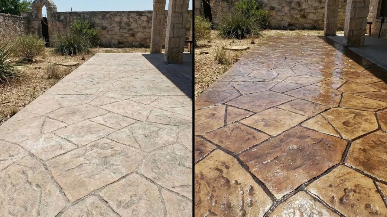 Freshly resealed stamped concrete patio in San Antonio  sealer restores color contrast and pattern definition faded by Texas sun, keeping the finish from going chalky and absorbing stains