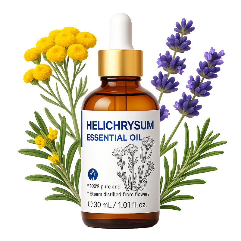 Bottle with helichrysum, lavender, and rosemary herbs