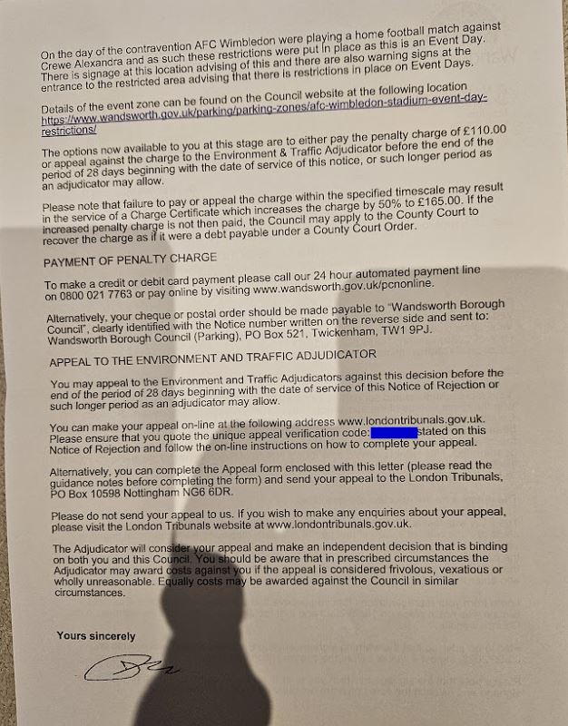 Notice of rejection back