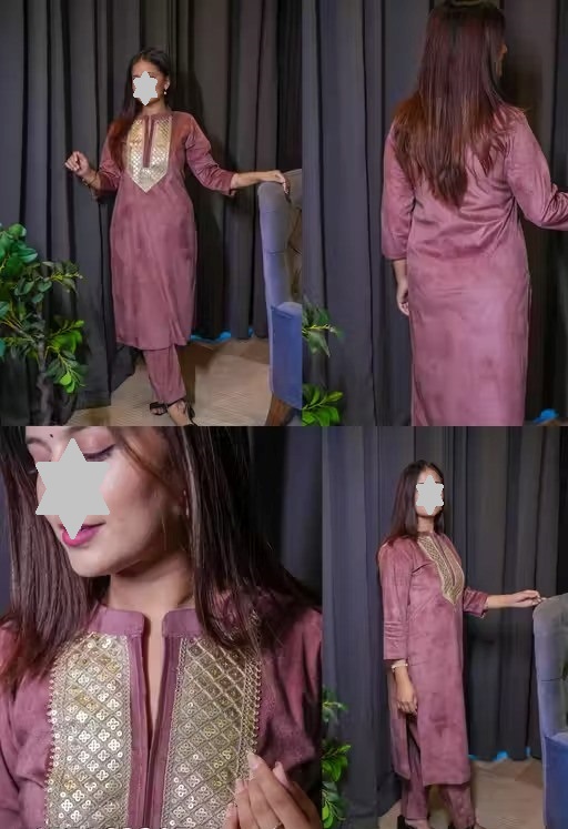 Women's Woolen Velvet Kurta and Pant Set | Winter Wear | Warm Velvet Ethnic Outfit | V-Neck Embroidery Lace Work Design | Pitch Color Color 2 (KS129)