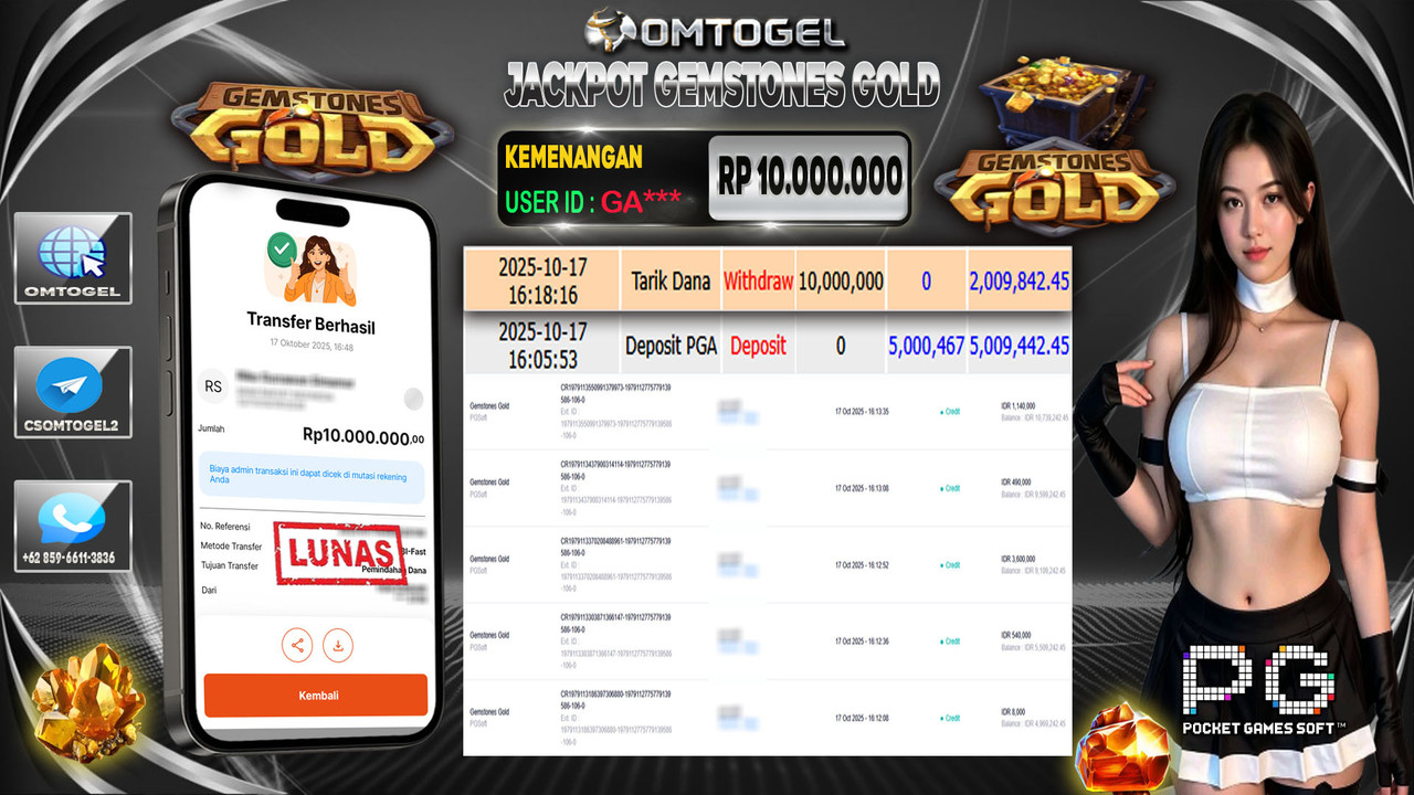 OMTOGEL JACKPOT PGSOFT GEMSTONES GOLD 10 JUTA DI BAYAR LUNAS ,-