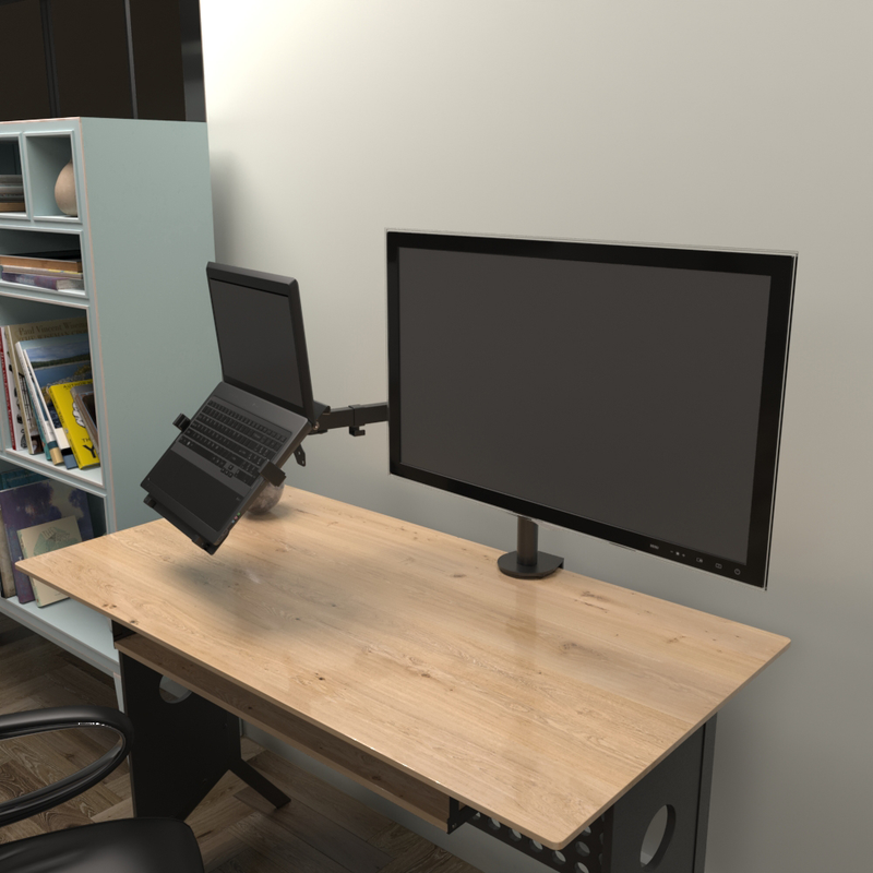 Soporte Klip Xtreme sosteniendo un monitor y una laptop en un escritorio.