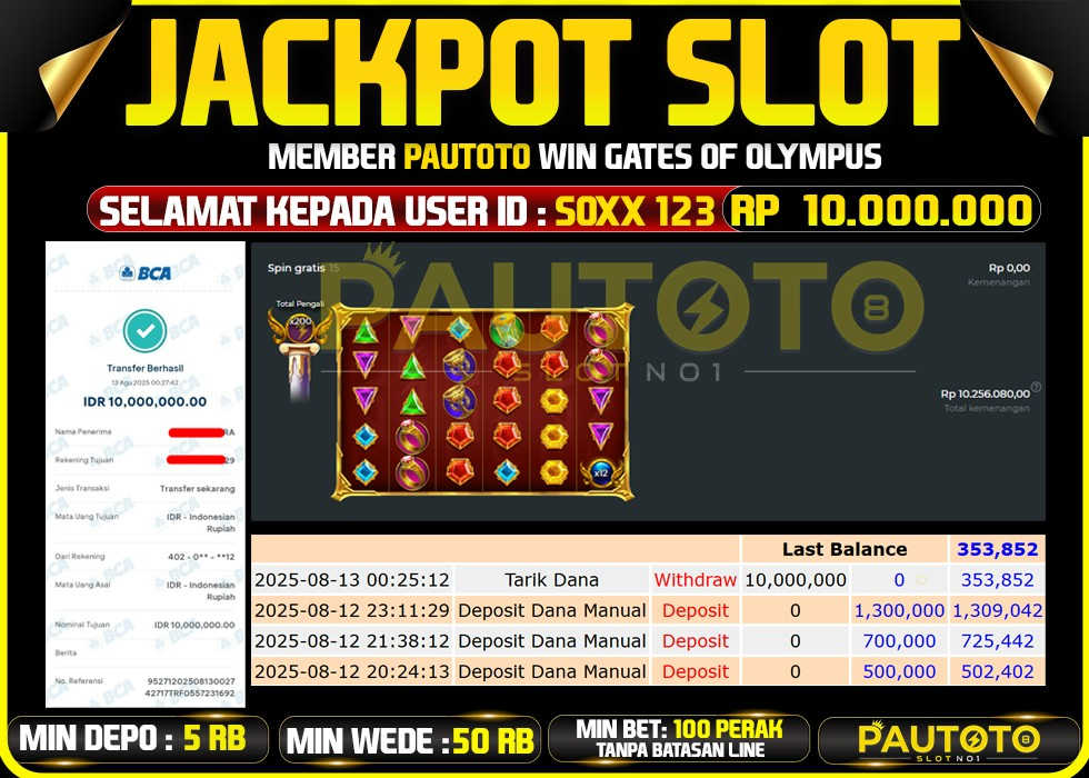 BUKTI PEMBAYARAN TGL 12 AGUSTUS 2025 MENANG DI PERMAINAN GATES OF OLYMPUS TOTAL WD 10 JUTA