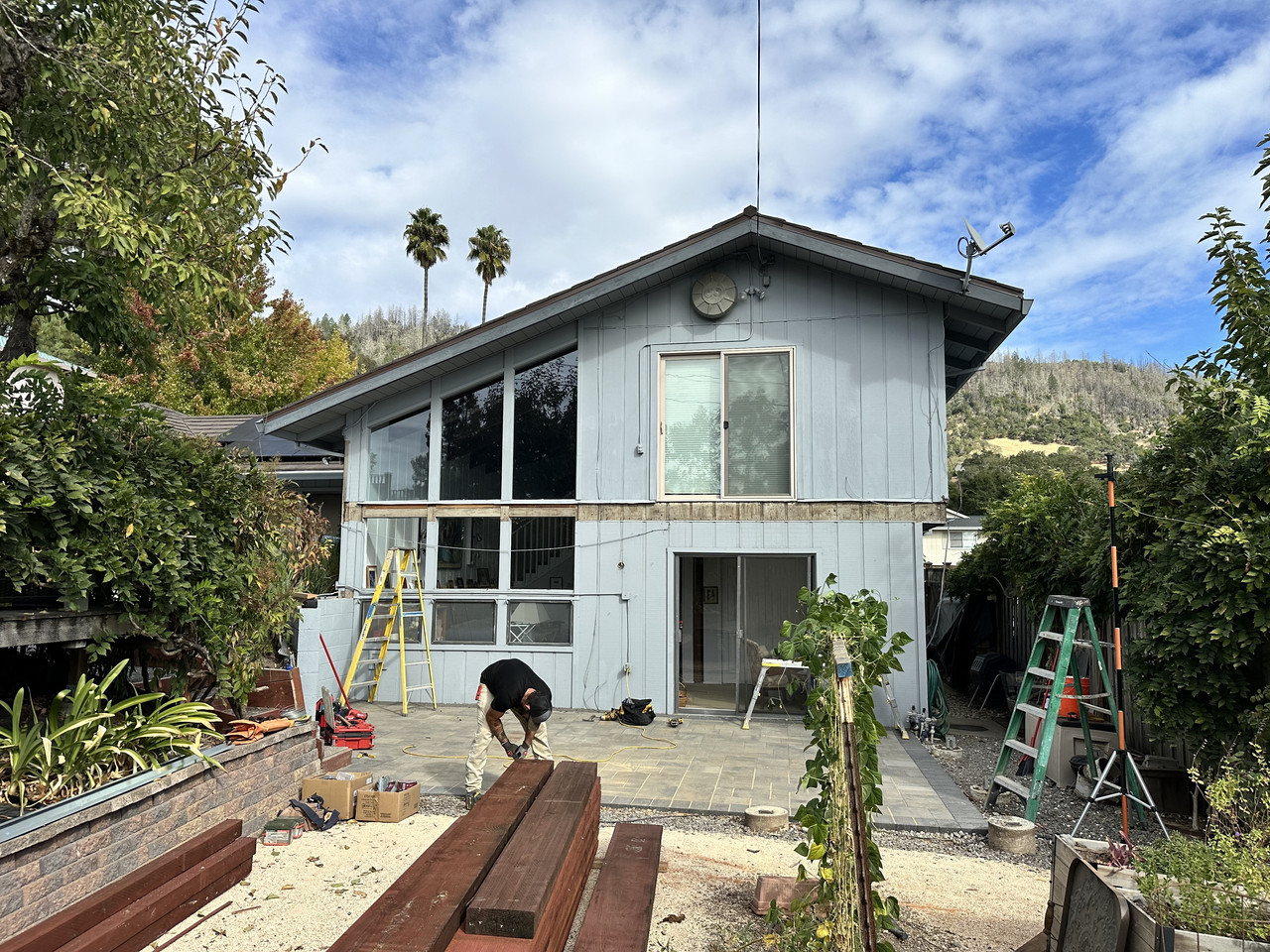 Deck before repair, failing interior tile installed over the surface
