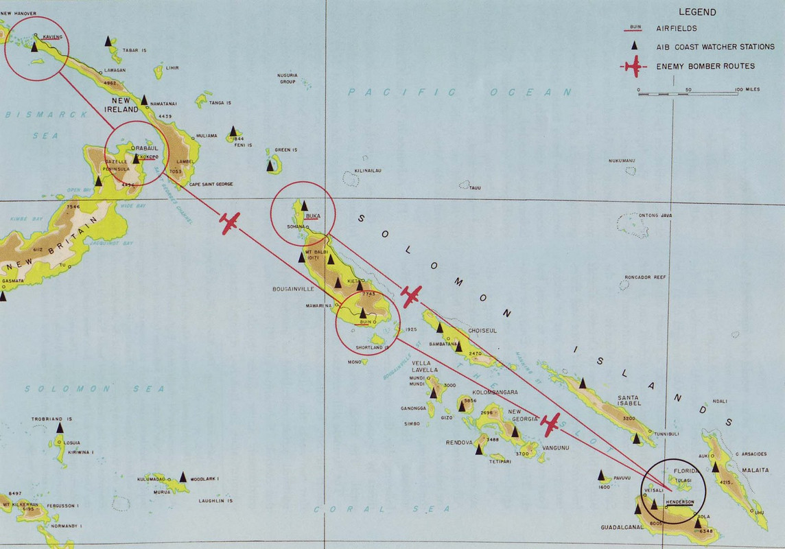 Estaciones de Coastwarcher, en las Islas Salomon, y ruta de los aviones japoneses Estaciones de Coastwarcher, en las Islas Salomon, y ruta de los aviones japoneses