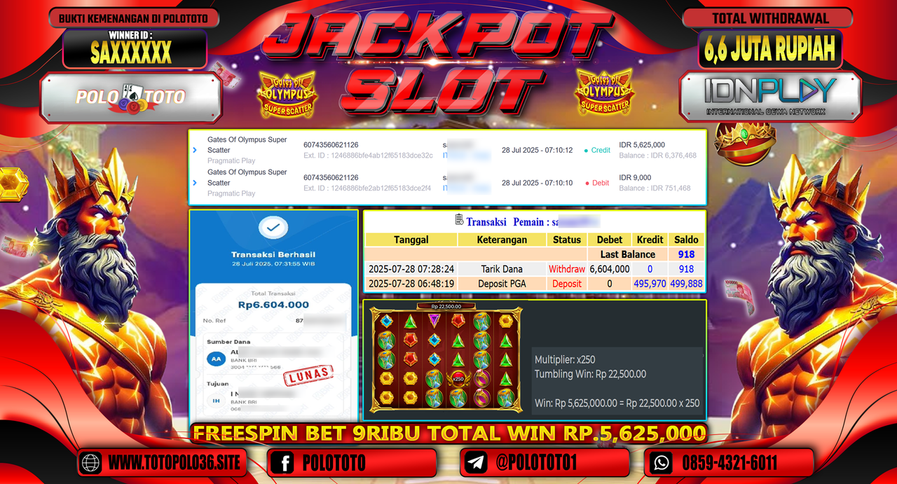 POLOTOTO JACKPOT SLOT GATES OF OLYMPUS SUPER SCATTER Rp.6.600.000,-LUNAS