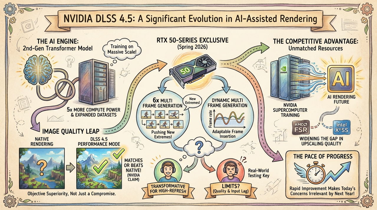 NVIDIA DLSS 4.5 Drops With 2nd Gen Transformer Model Making Performance Mode Better Than Native and 6x Frame Gen Coming Spring 2026 1 NVIDIA GPU technology showing AI upscaling and gaming performance