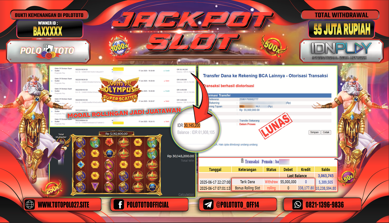 POLOTOTO JACKPOT GATES OF OLYMPUS SUPER SCATTER Rp.55.000.000,-