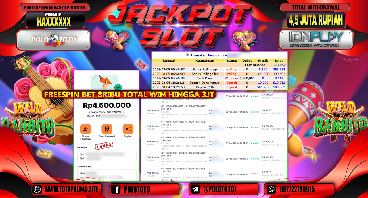 POLOTOTO JACKPOT SLOT WILD BANDITO Rp.4.500.000,-LUNAS