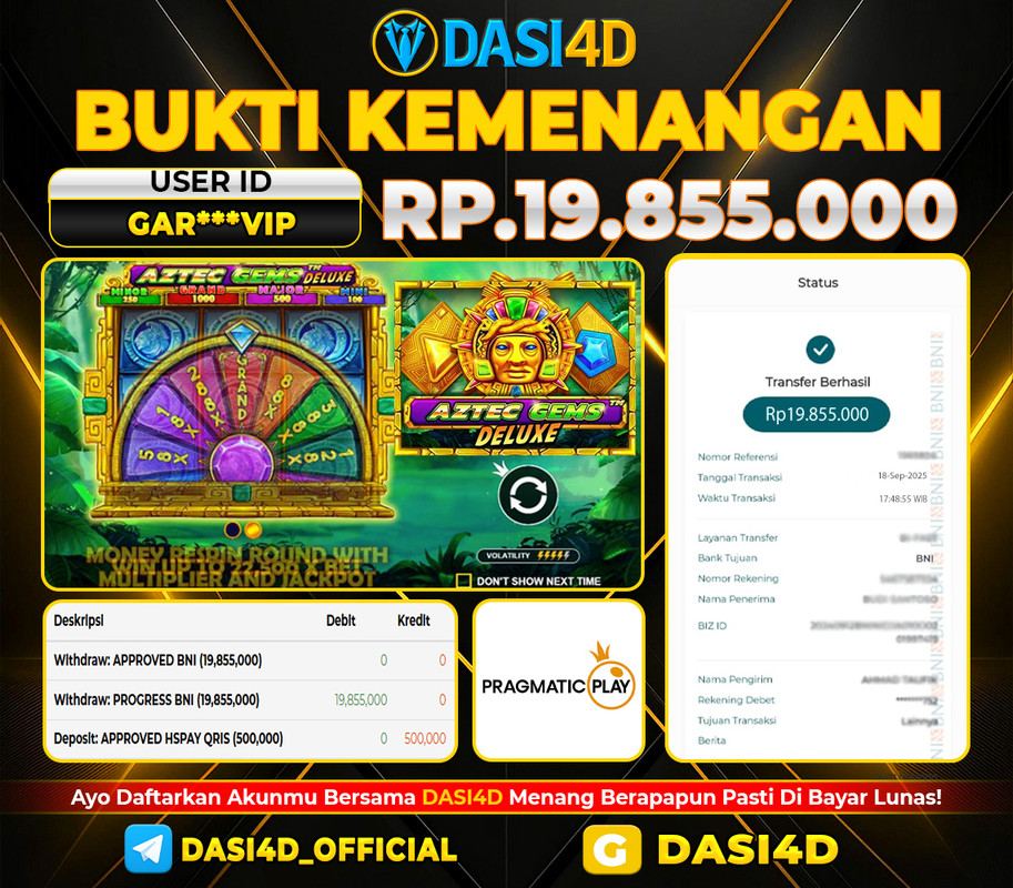 BUKTI KEMENANGAN 18 SEPTEMBER  2025 DI  AZTEC GEMS DELUXE  RP 19.855.000