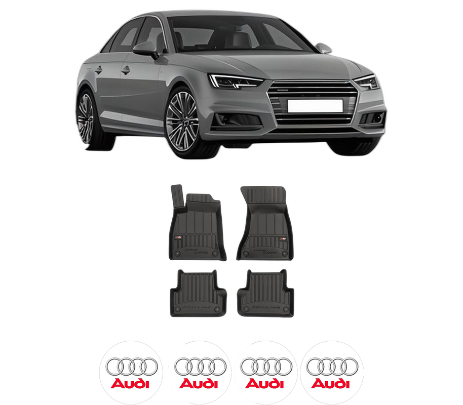 Set covorase presuri AUDI A4 | B9 din 2017-2019, auto, din cauciuc thermoplastic, 4 Stickere auto cu AUDI