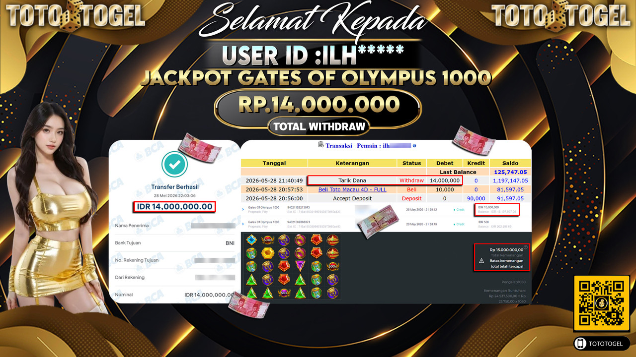 Bukti Pembayaran Jackpot Permainan Slot Gates Of Olympus 1000 ID:ILH*****LUNAS