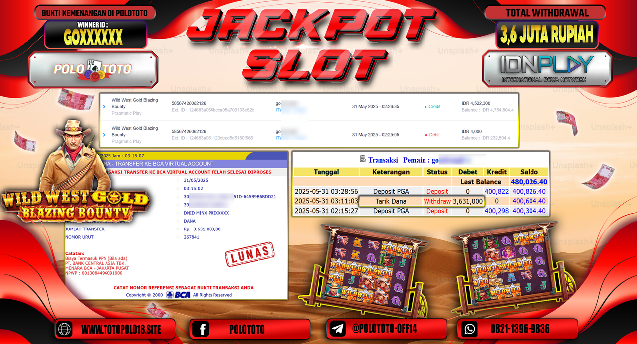 POLOTOTO JACKPOT SLOT WILD WEST GOLD BLAZING BOUNTY Rp.3.631.000,-