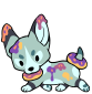 A dull blue corgi walking off with two donuts while covered in a mess of colorful icing