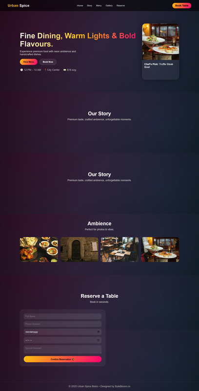 Urban Spice Restaurant Website Screenshot