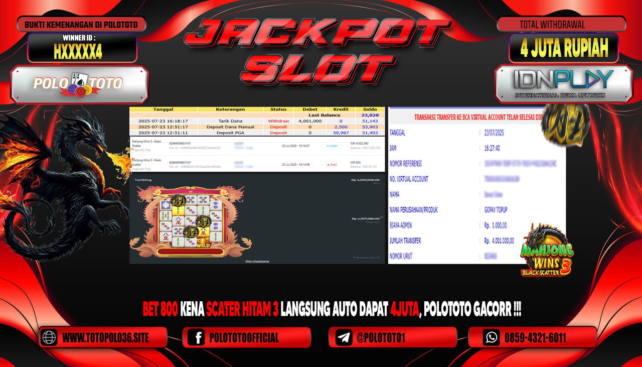 POLOTOTO JACKPOT SLOT MAHJONG WINS 3 - BLACK SCATTER Rp.4.000.000,- LUNAS