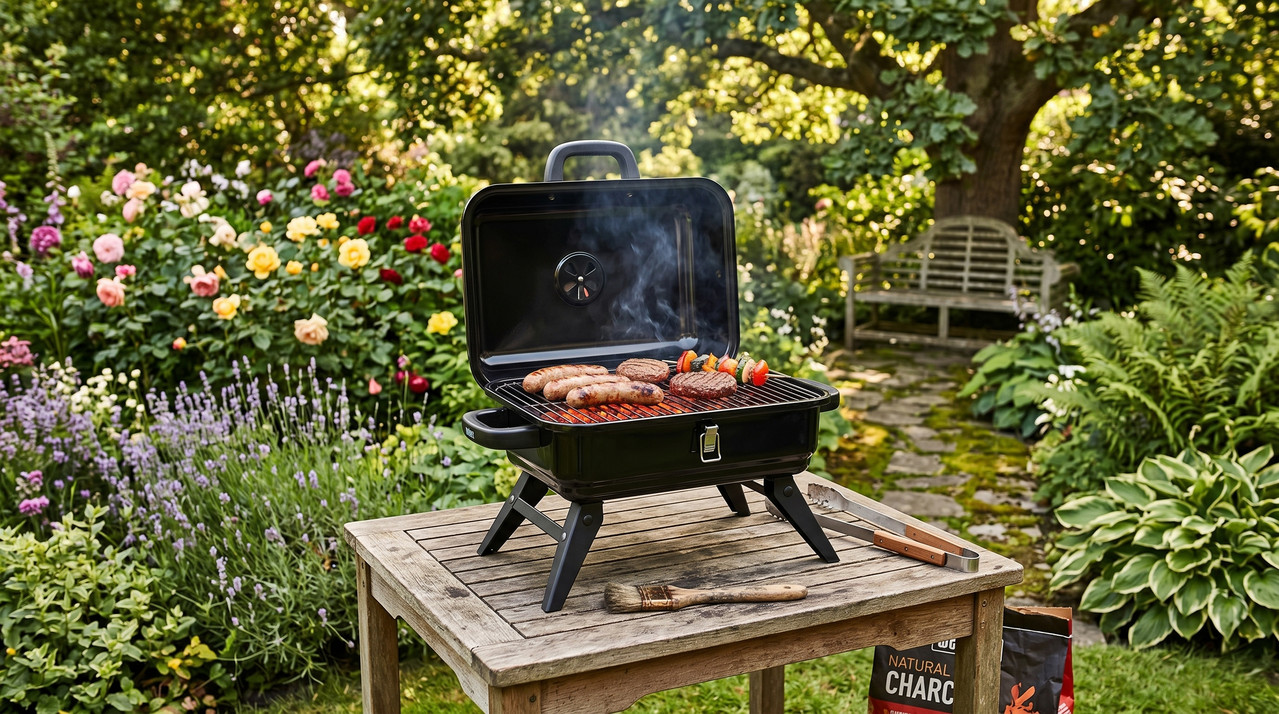 Barbacoa portátil rectangular 17 pulgadas negra con patas plegables