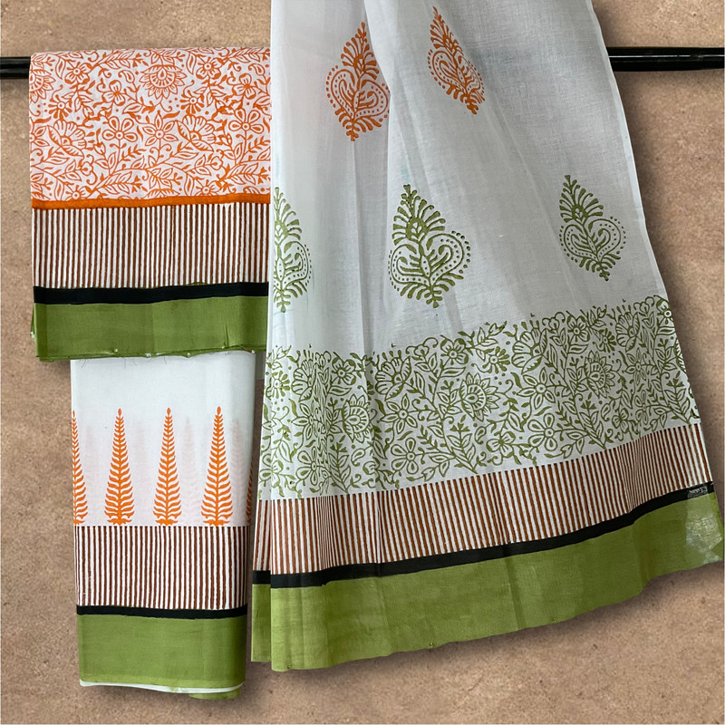 Hand Block Printed Indian Tri Color Combination Cotton Dress Material with Dupatta