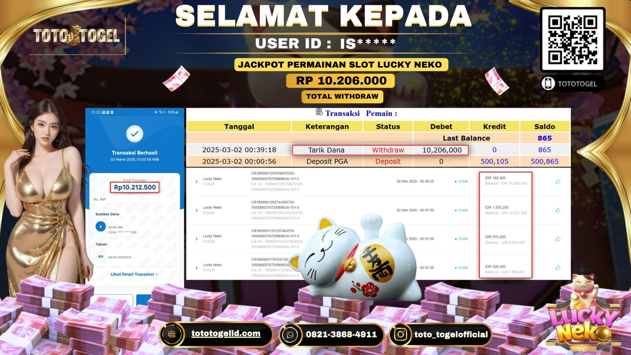 Bukti Pembayaran Jackpot  Permainan Slot Lucky Neko  ID:IS***** LUNAS