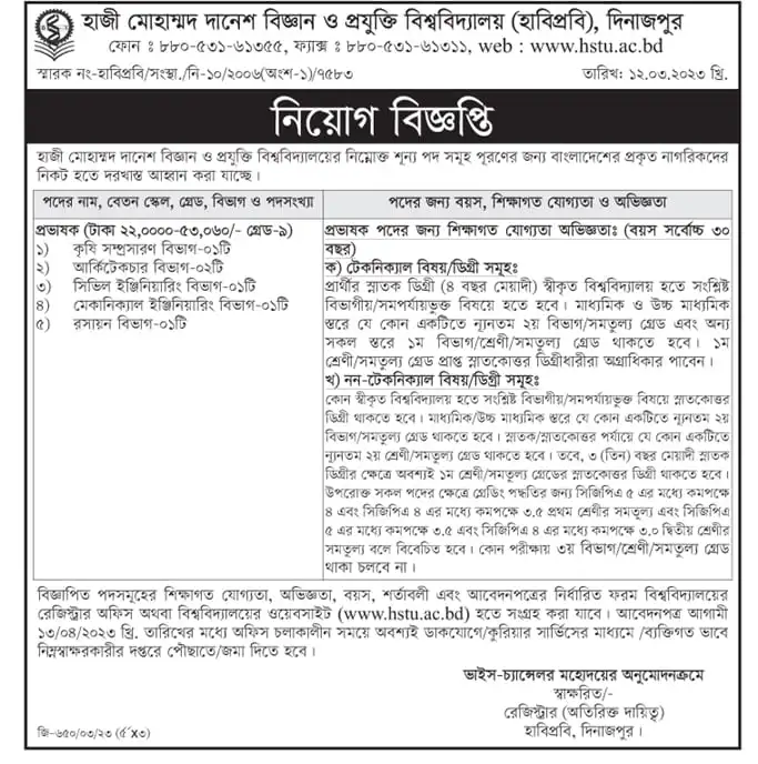 Hajee Mohammad Danesh Science and Technology University HSTU Job Circular 2024