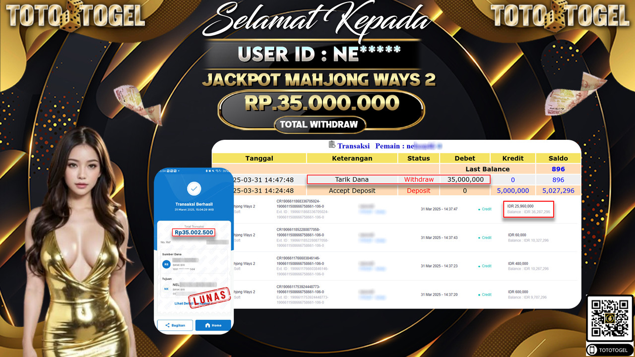 Bukti Pembayaran Jackpot  Permainan Slot Mahjong Ways 2 ID:NE**** LUNAS
