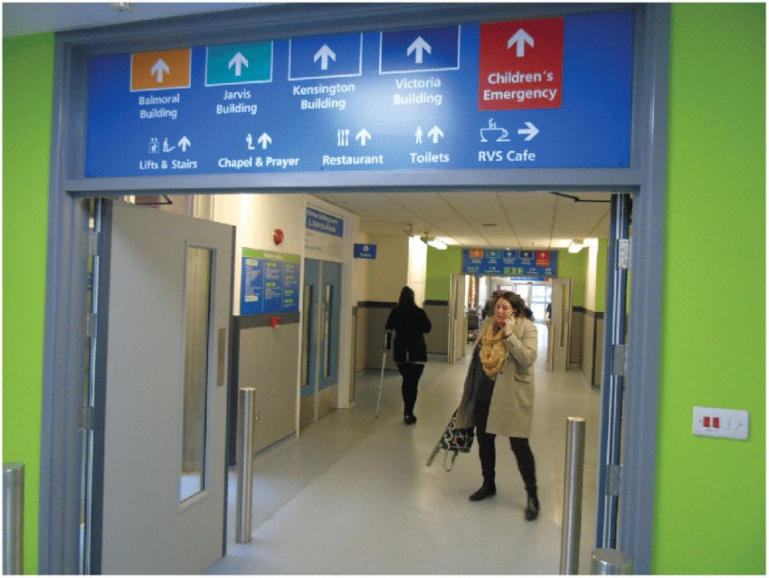 Overhead signs with colour coding and arrows showing routes to different buildings