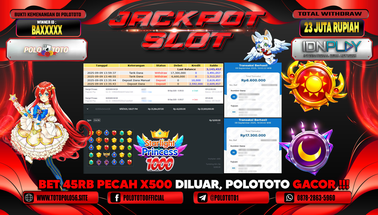 POLOTOTO JACKPOT SLOT STARLIGHT PRINCESS Rp.23.000.000,- LUNAS