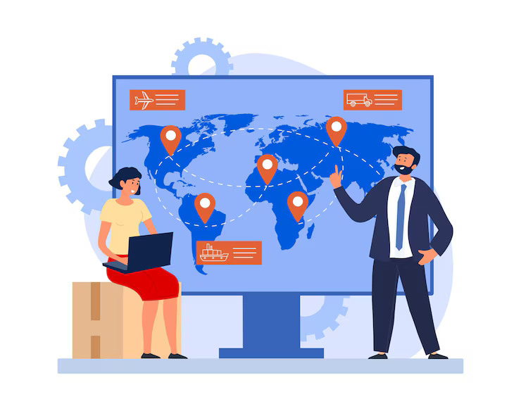 A woman with a laptop and a man in a suit stand in front of a world map on a screen, showing global shipping routes marked with location pins and transport icons.