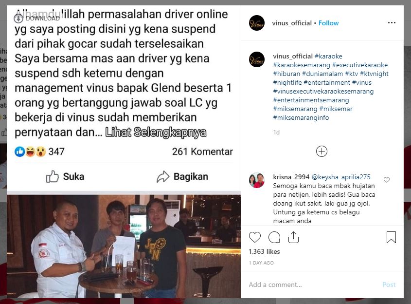 Driver ojol diputus mitra karena ulah salah satu mantan karyawan Vinus Karaoke