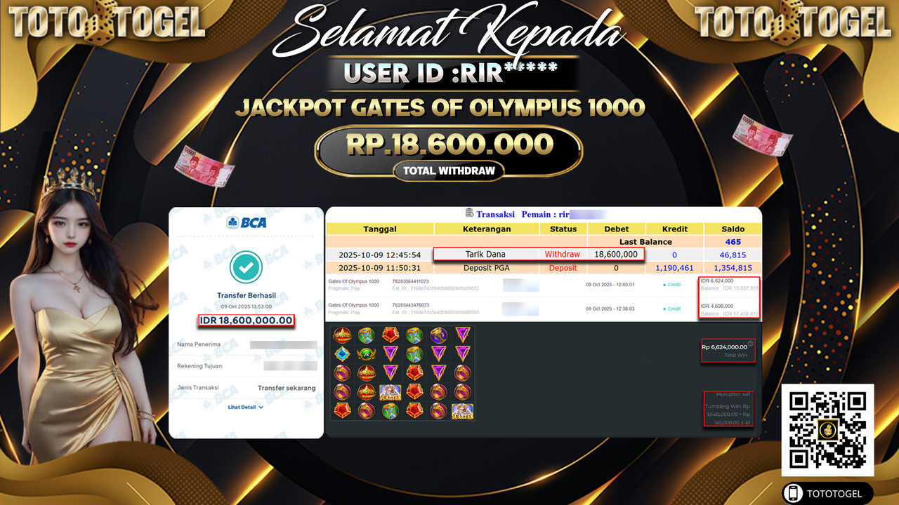 Bukti Pembayaran Jackpot Permainan Slot Gates Of Olympus 1000  ID:RIR*** LUNAS