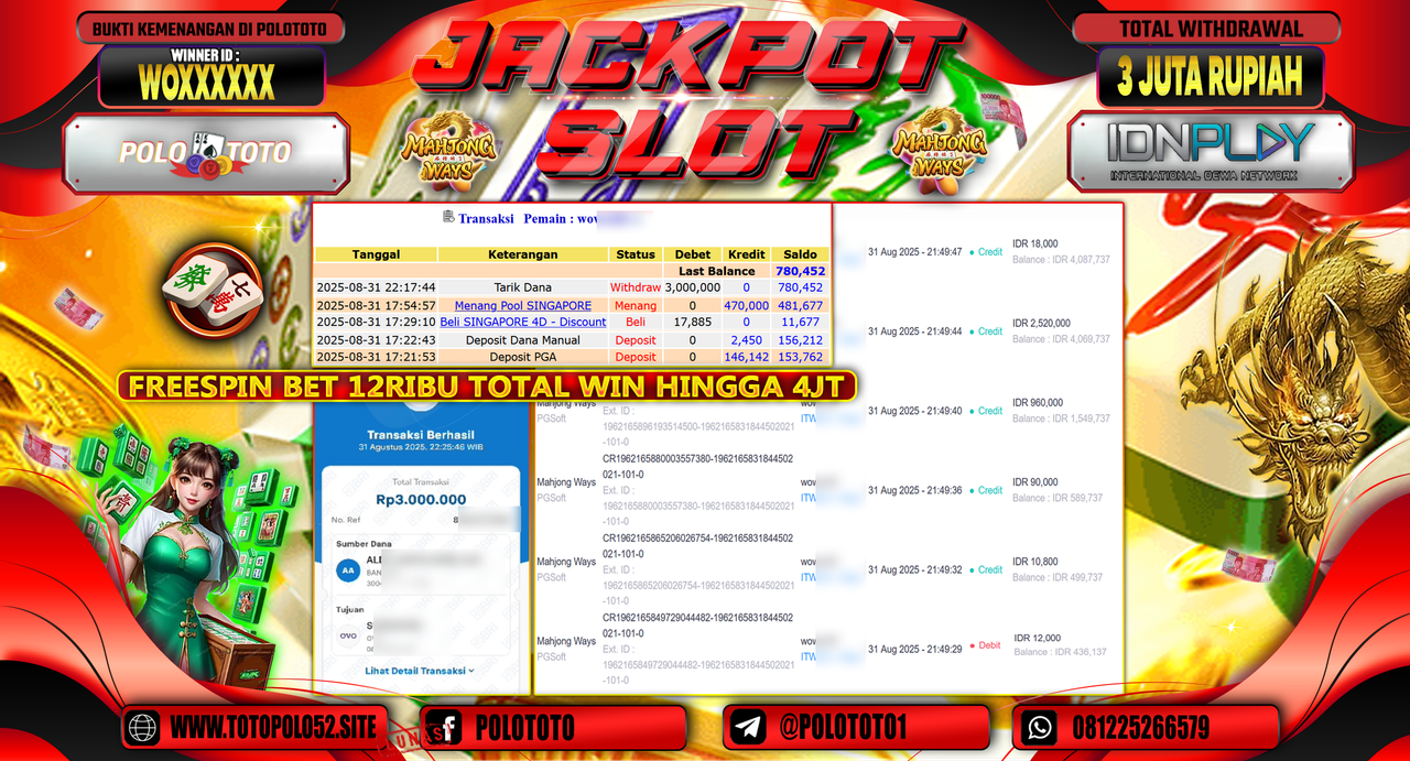 POLOTOTO JACKPOT SLOT MAHJONG WAYS Rp.3.000.000,-