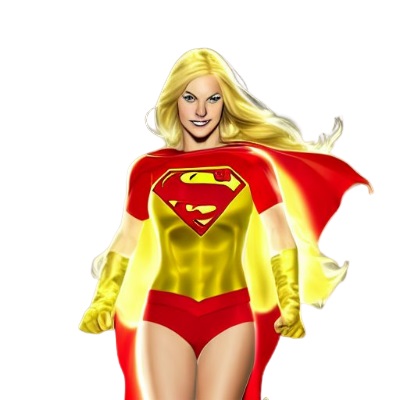 blonde woman in a red and yellow costume with a superman emblem on the chst