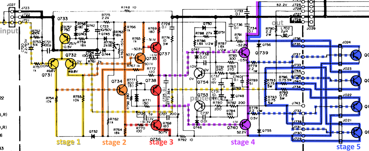 Marantz 2285B schematic detail right power amp with stages marke