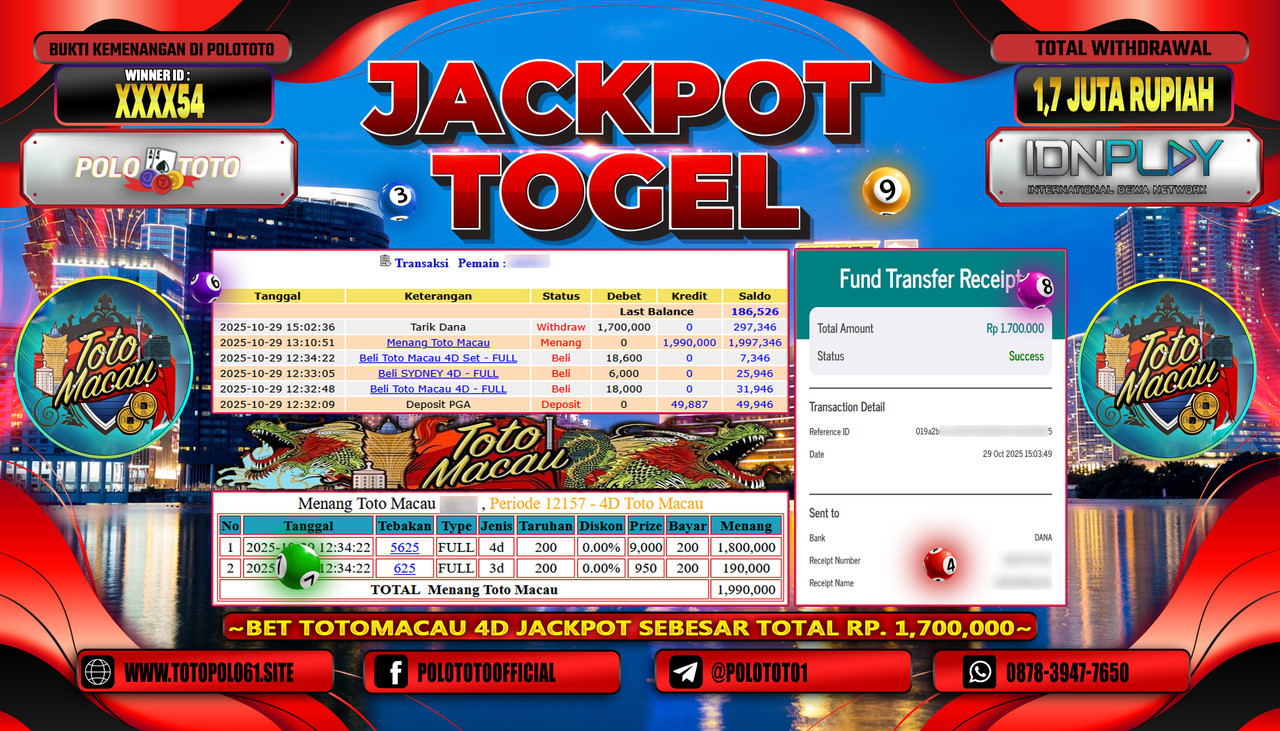 POLOTOTO JACKPOT TOGEL TOTO MACAU Rp.1.700.000,- LUNAS