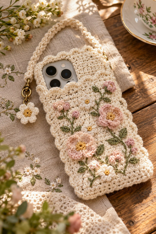 Cottagecore Floral Lace handmade crochet phone pouch for iPhone 17