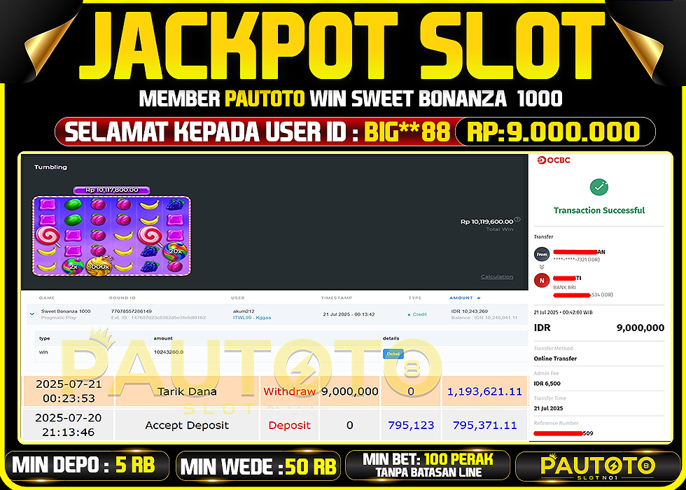 BUKTI PEMBAYARAN TGL 20 JULY 2025 MENANG DI PERMAINAN SWEET BONANZA 1000 TOTAL WD 9 JUTA