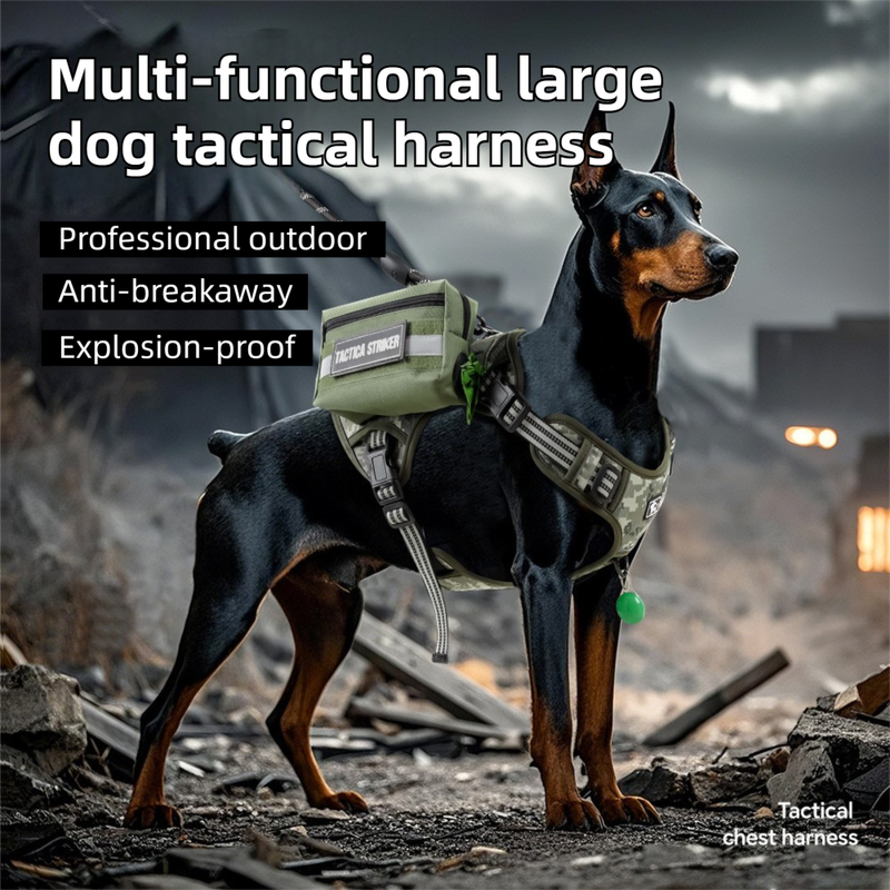3-Piece Black Tactical Dog Harness Set (S Size) - Heavy Duty No-Pull Vest with Detachable Tactical Pouch & Climbing Rope Leash