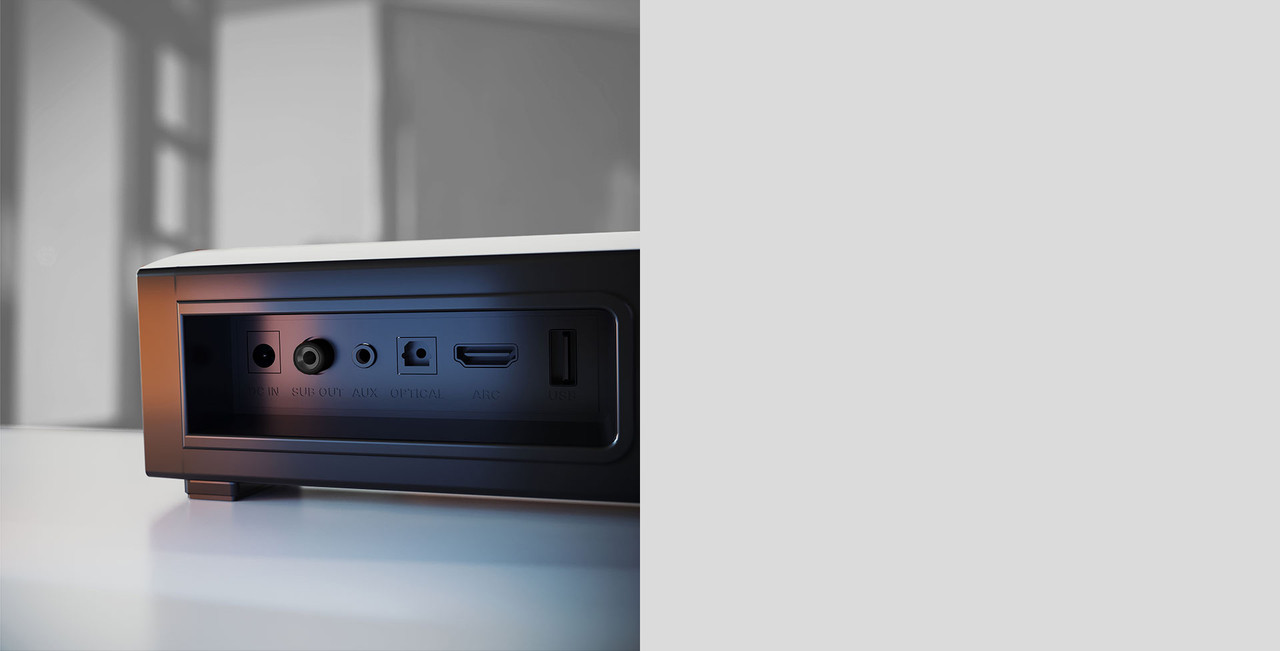 Barra de sonido y subwoofer Klip Xtreme KSB-230 en una sala de estar.