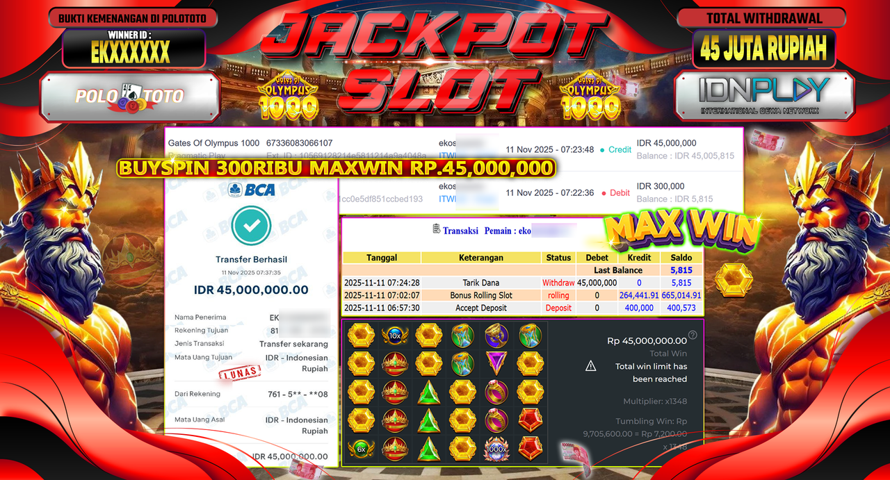 POLOTOTO JACKPOT SLOT GATES OF OLYMPUS 1000 Rp.45.000.000,- LUNAS