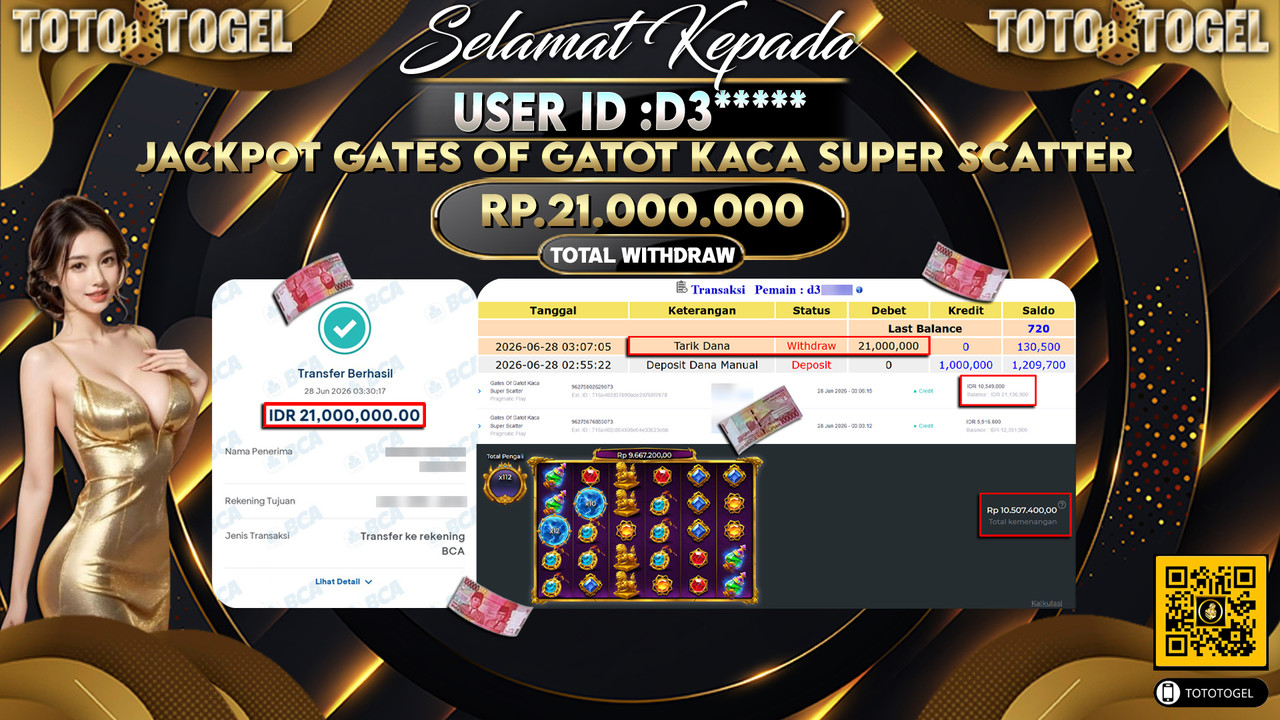 Bukti Pembayaran Jackpot Permainan Slot Gates Of Gatot Kaca Super Scatter ID:D3*****LUNAS