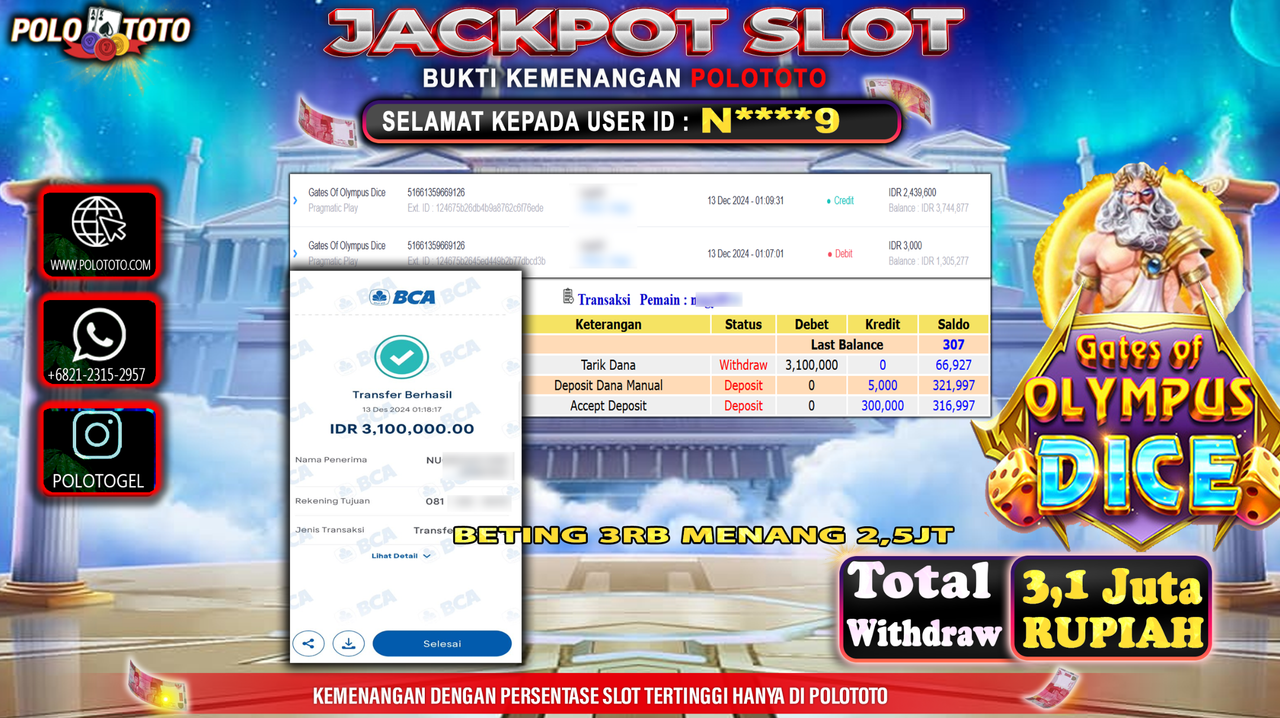 POLOTOTO JACKPOT SLOT GATES OF OLYMPUS DICE Rp.3,100.000,-