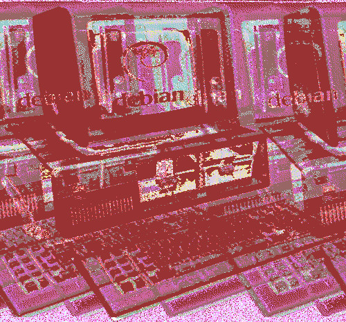 IBM PC with the debian logo superimposed on its screen and datamoshed