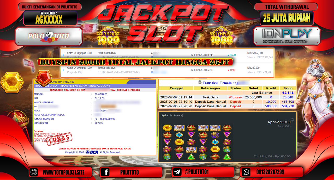 POLOTOTO JACKPOT SLOT GATES OF OLYMPUS 1000 Rp.25.000.000,-